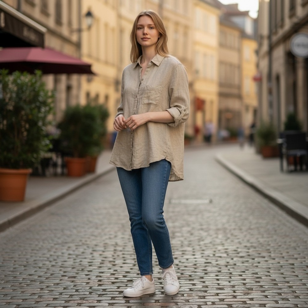 Jones New York Womens Small Beige 100% Linen Button‎ Down Roll Tab Shirt